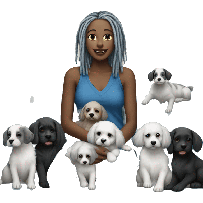 Fair skinned lady with gray dreadlocks sitting on blue sectional sofa with 9 black and white puppies  emoji