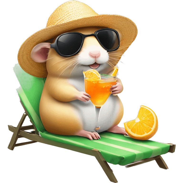 hamster with a sunhat and sunglasses drinking a coctail while laying in a sunbed emoji