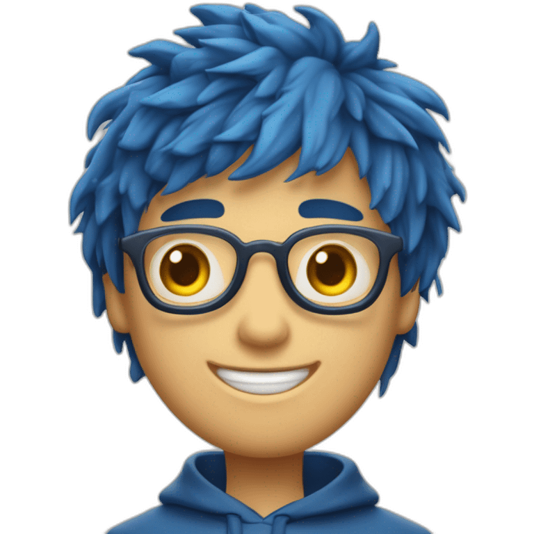 Un garçon aux cheveux châtains foncé mi-longs avec une frange à gauche lui tombant sur l'oeil avec les yeux bleus portant un sweat à capuche bleu qui pleure de rire emoji