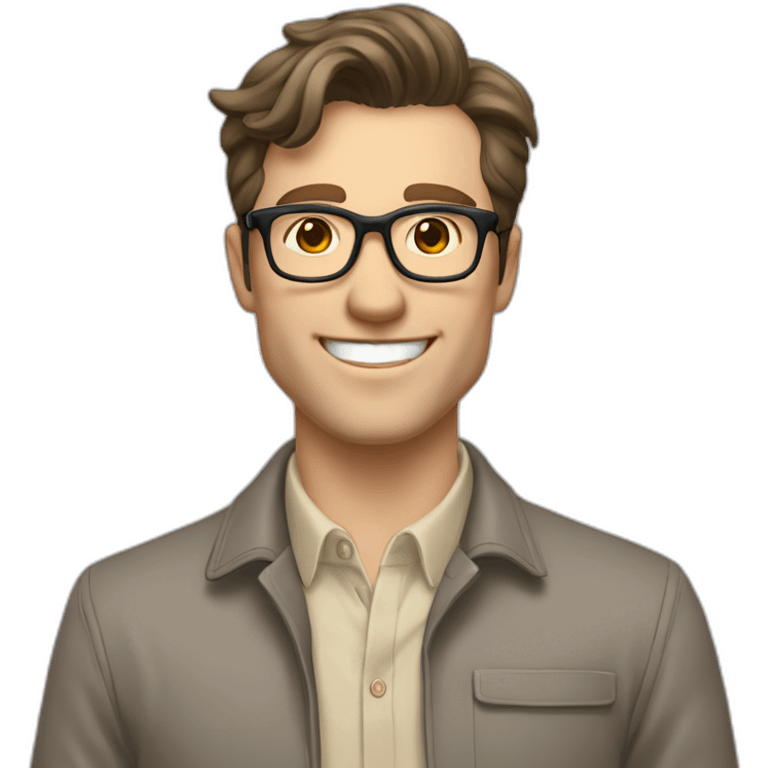 Joyful Pale skinned Fit Man With dark brown hair in gray jacket, beige office shirt, Brown pants and vintage glasses. His thrumbs up emoji