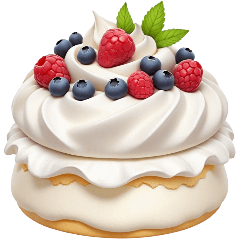 Cinematic Realistic Pavlova Dessert Emoji, showcasing a delicate meringue dessert topped with fresh fruit rendered with lifelike texture and soft natural lighting. emoji