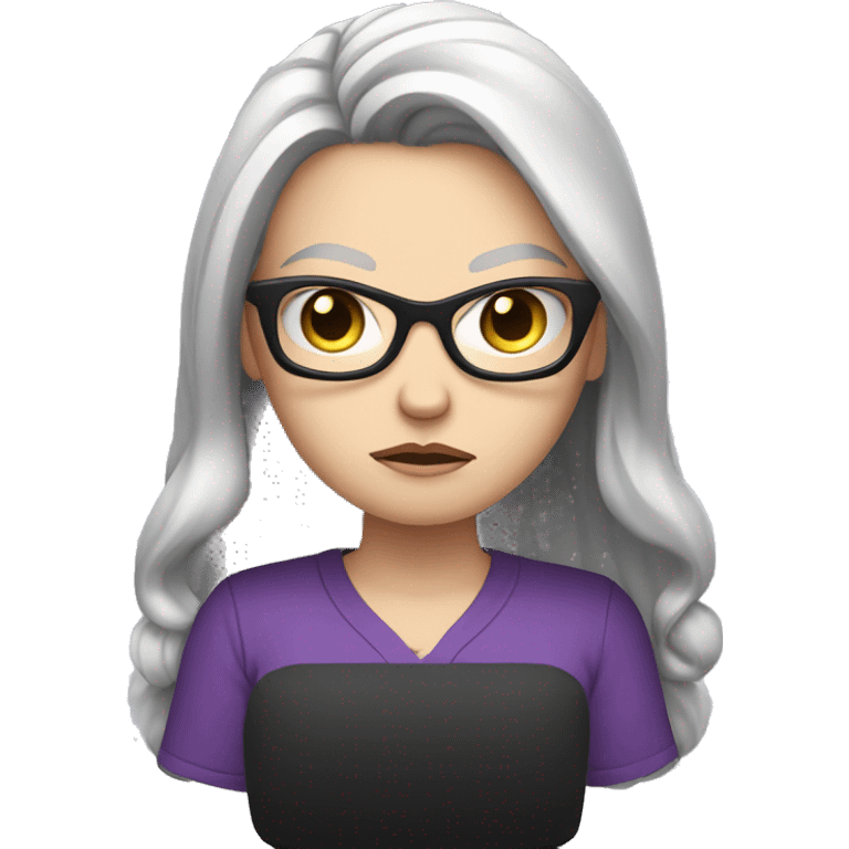 Angry scowling white girl, purple shirt, long black hair, wearing glasses, with arms crossed over chest. emoji