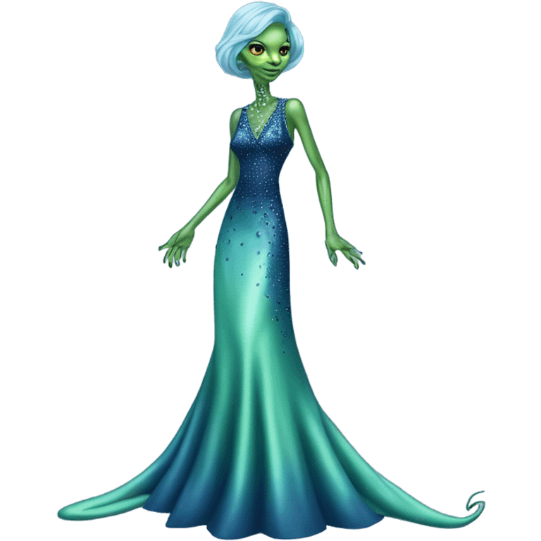 reptilian green alien woman, in long slim pastel blue formal party satin dress with gradient shiny sparkling navy blue diamonds embroidered, full body full figure emoji