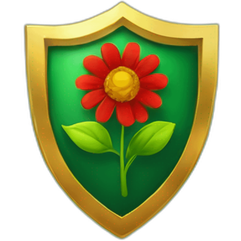 green shield with a gold border and a sprouting gold and red flower at the centre emoji