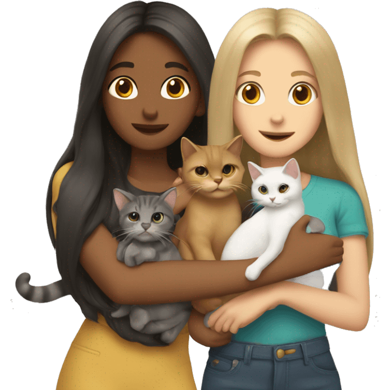 Two long hair girls and two cats in hands emoji