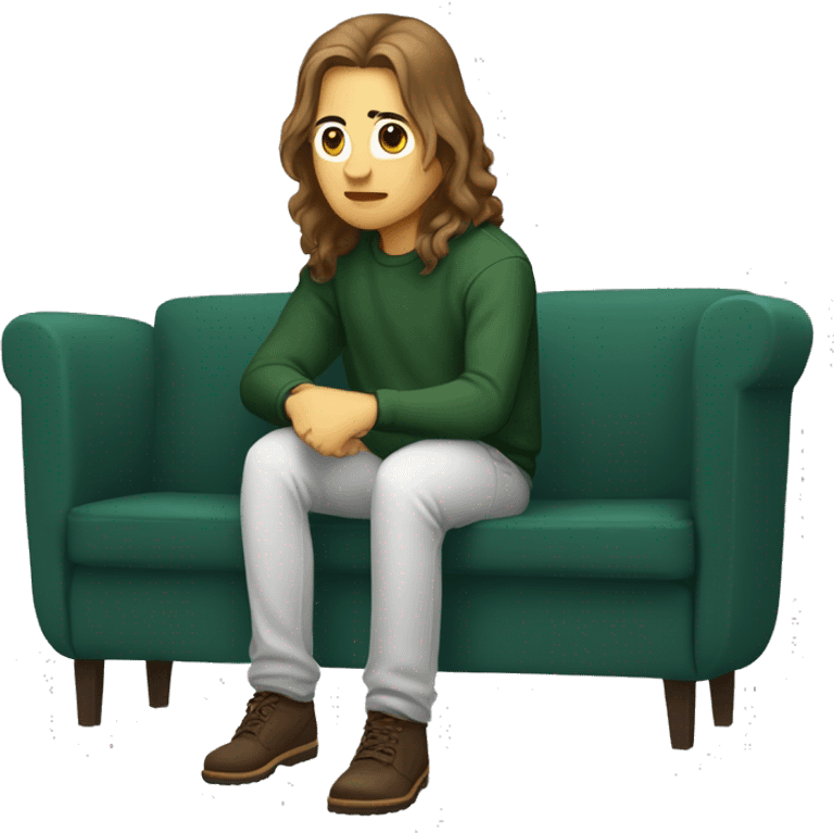 a web developer with long hair and a dark green sweatshirt sitting in a pose where the hand is on the knee forward and the second leg is under the booty , light-colored sofa , brown hair emoji