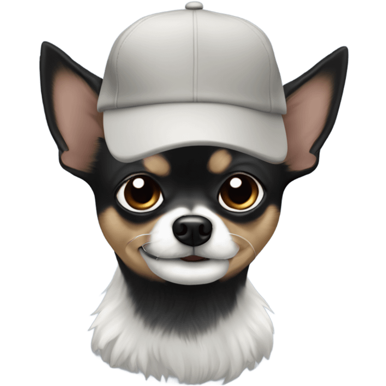 Old man with blue eyes goatee beard ball cap holds cute black long fur Chihuahua emoji