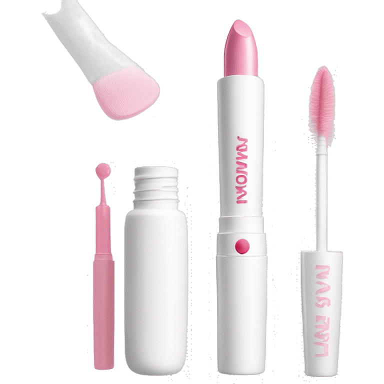 White mascara wand, next to a white cosmetics bag, white and pink lipstick, and a white container with pink blush emoji