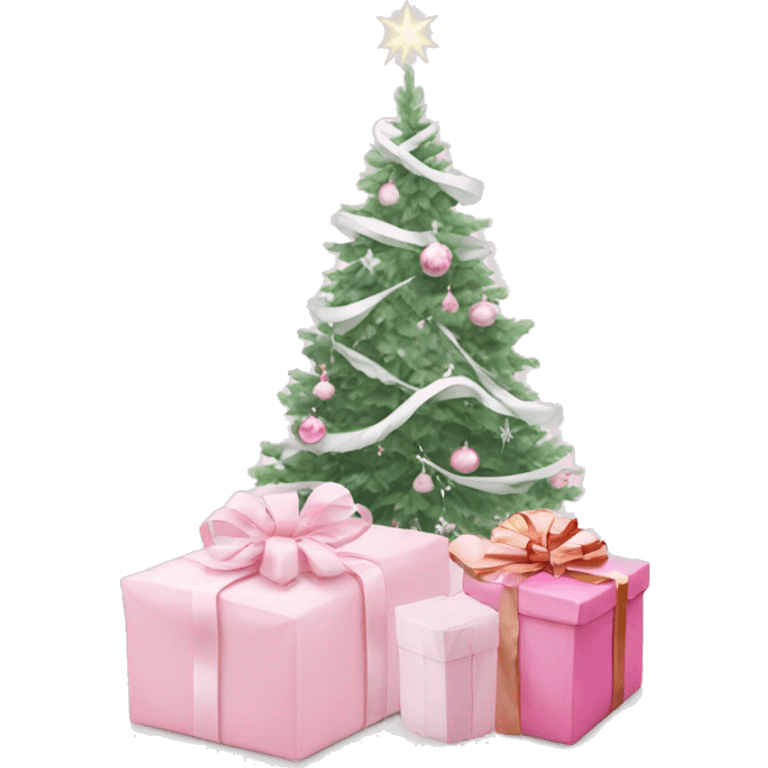 Light pink Christmas gifts under a white Christmas tree  emoji