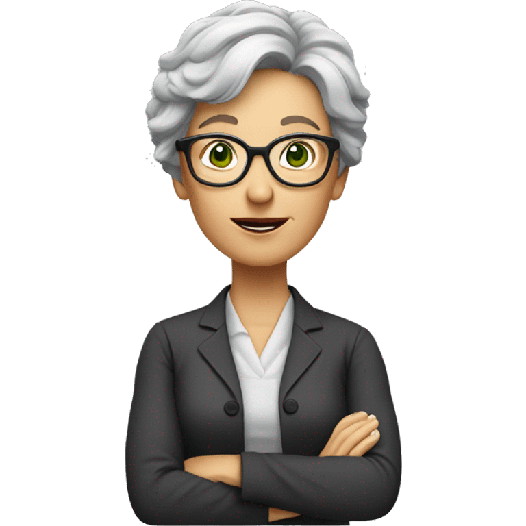 middle-aged female professor giving a lecture. She has short salt-and-pepper hair and she wears glasses and has green eyes emoji