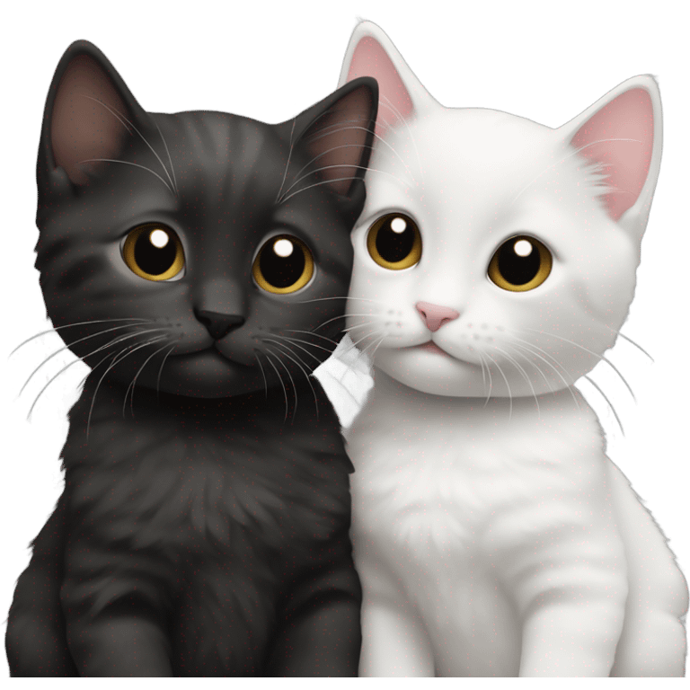 two kittens are looking at each other from the front, one has its paw on the other's shoulder, they are different colors, one is black, the other is white emoji