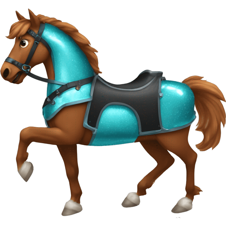 Chestnut and black speckled brindle horse running galloping wearing blue and cyan armour  emoji