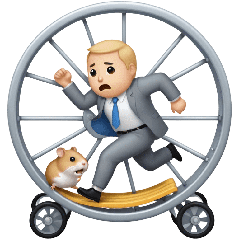 "Create an emoji of a stressed-out agency owner or coach, running on a hamster wheel, chasing after clients with desperation. The character looks frustrated and tired, symbolizing unpredictable income."

 emoji