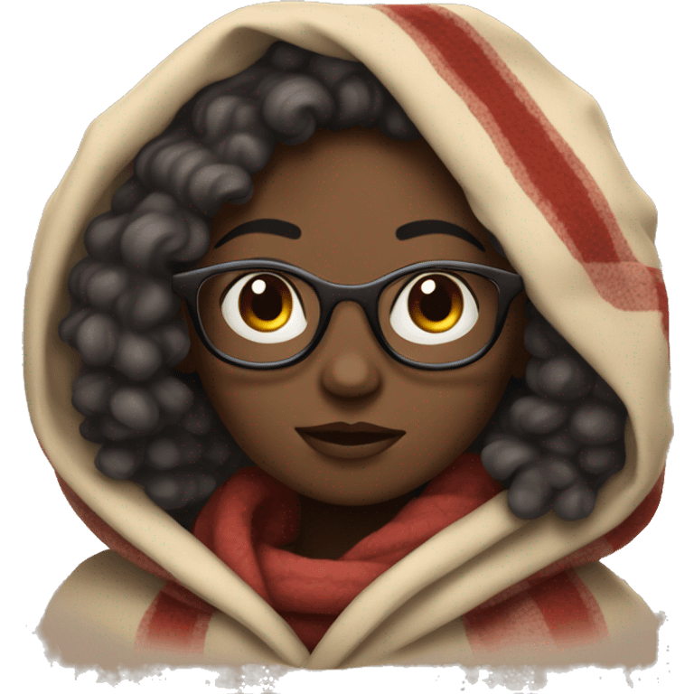 Dark skin girl with curly hair and glasses bundled up in a blanket  emoji