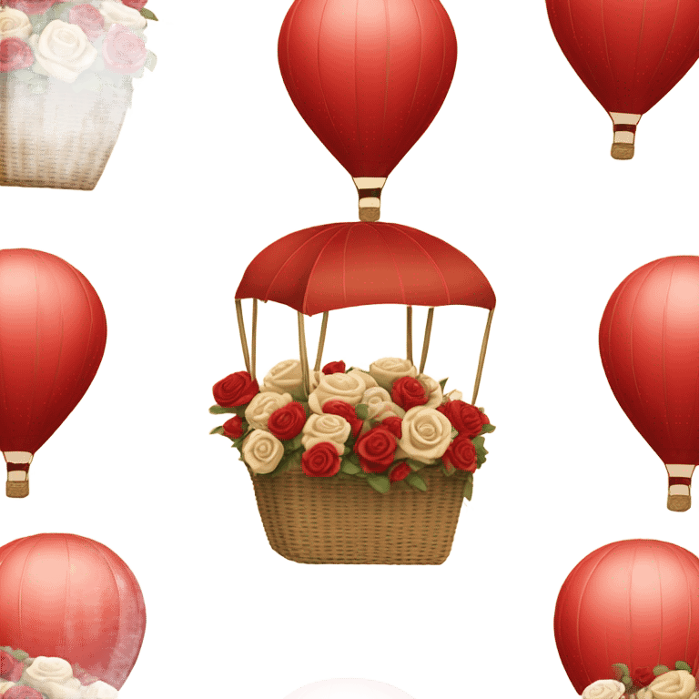 red hot air balloon and beige basket with roses emoji