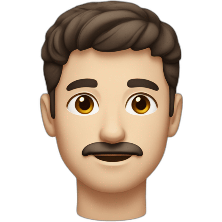 A young Caucasian man with dark brown eyes, almond-shaped eyes, short dark brown hair, and a small dark brown beard with a more prominent mustache. emoji