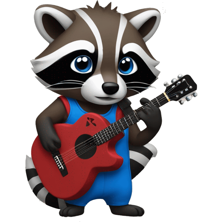 Furry red black blue raccoon eat cookie andand he holds a guitar in his hand emoji