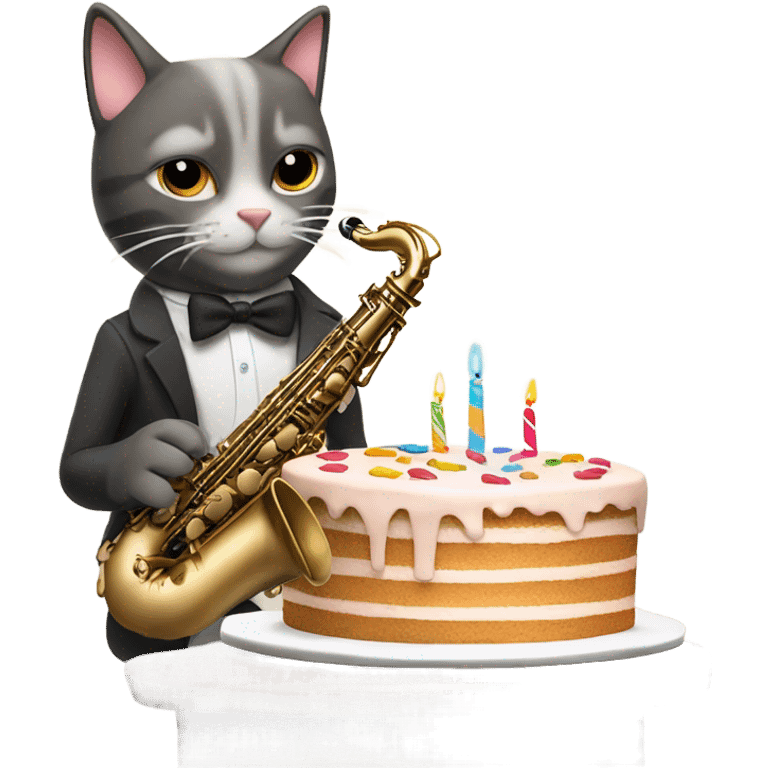 Cat playing alto saxophone with a birthday cake emoji