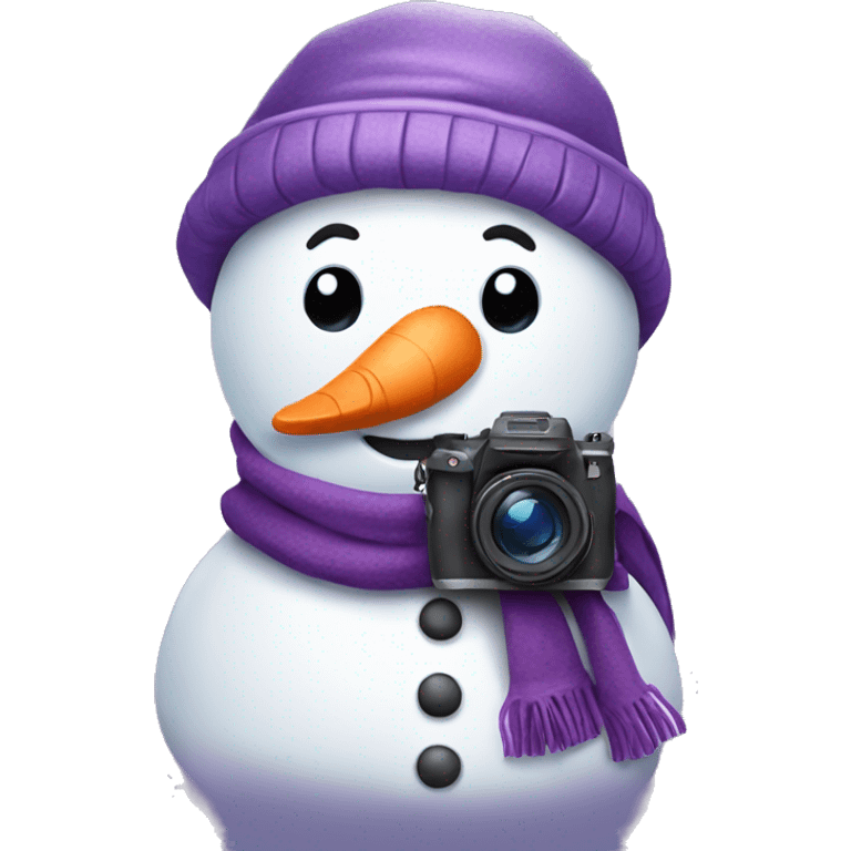 cute snowman with a purple hat and purple scarf holding a camera  emoji