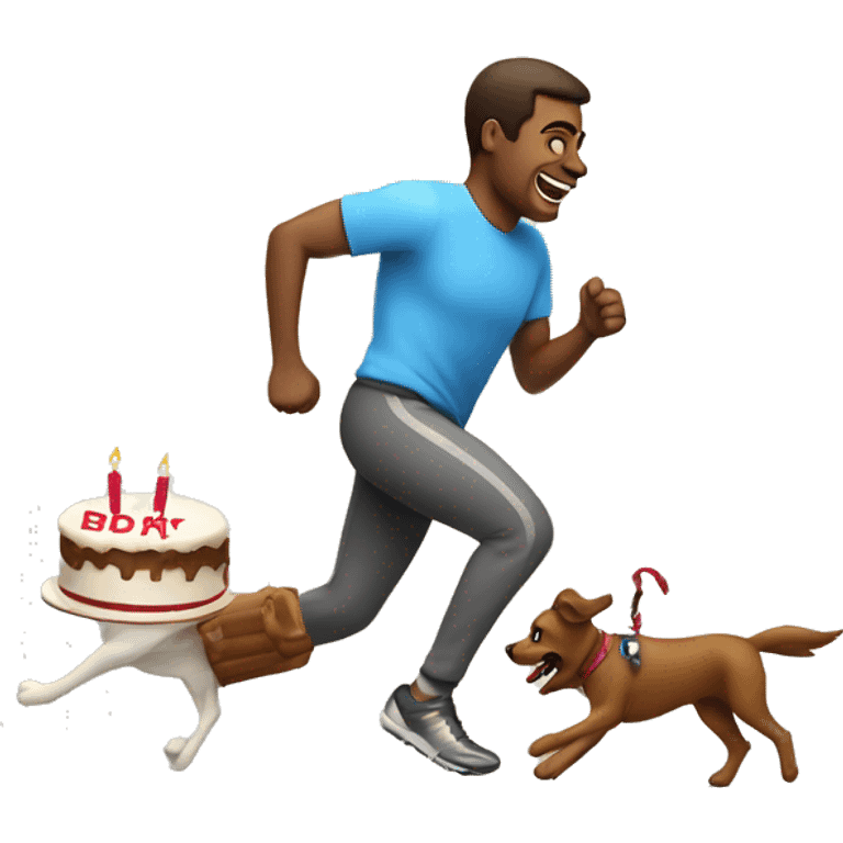 Happy man running a sprint with a birthday cake and walking his dog at the same time emoji