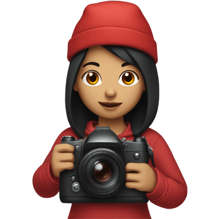 girl in a red hat with black hair and holding cemera emoji