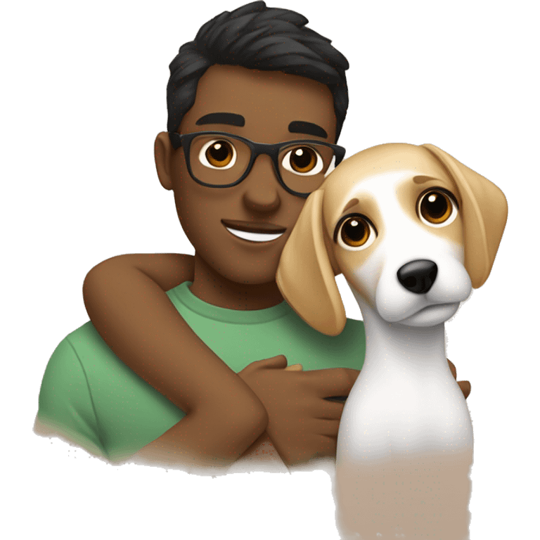 Blonde girl and her white boyfriend with brown hair and glasses cuddling a jack Russell  emoji