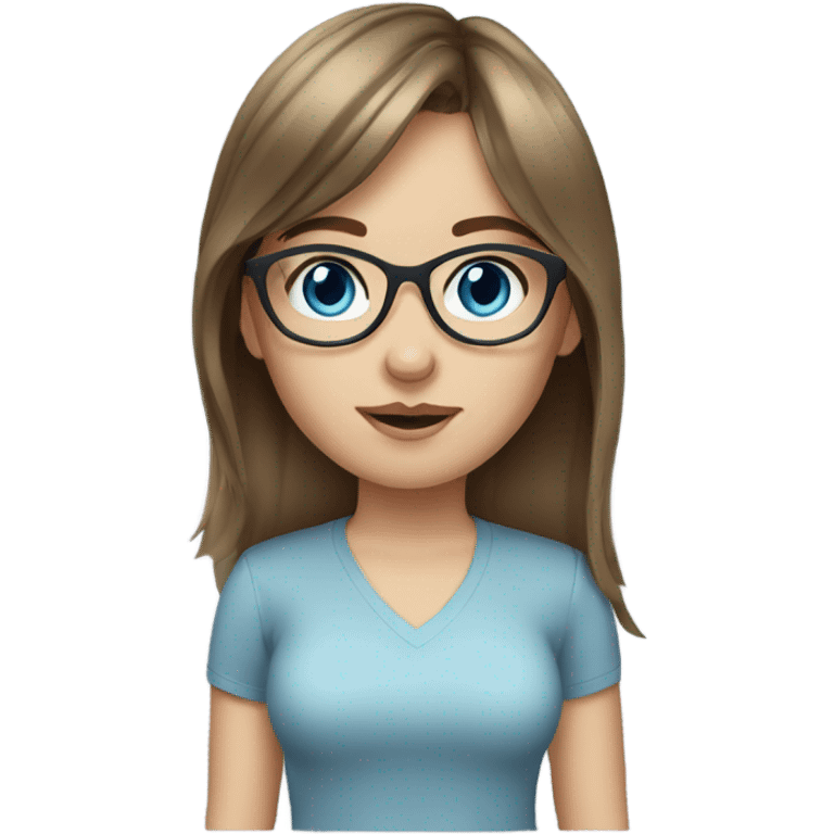 white girl, brown hair, blue eyes, bangs, glasses emoji