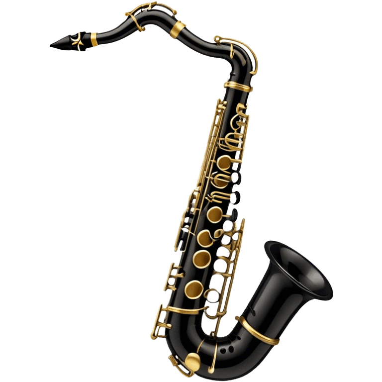 Create a detailed and unique emoji representing a black clarinet with a saxophone-style mouthpiece. The design should feature the sleek, dark wood finish of the clarinet, with its shiny metal keys clearly visible, but at the top, include the large, curved mouthpiece typical of a saxophone. The mouthpiece should have a reed, similar to the one used in a saxophone, with subtle details to indicate its function. Use dark wood tones for the body of the instrument and silver or brass accents for the keys. Add small musical notes or soundwaves around the instrument to evoke its smooth, melodic sound. The background should be transparent emoji