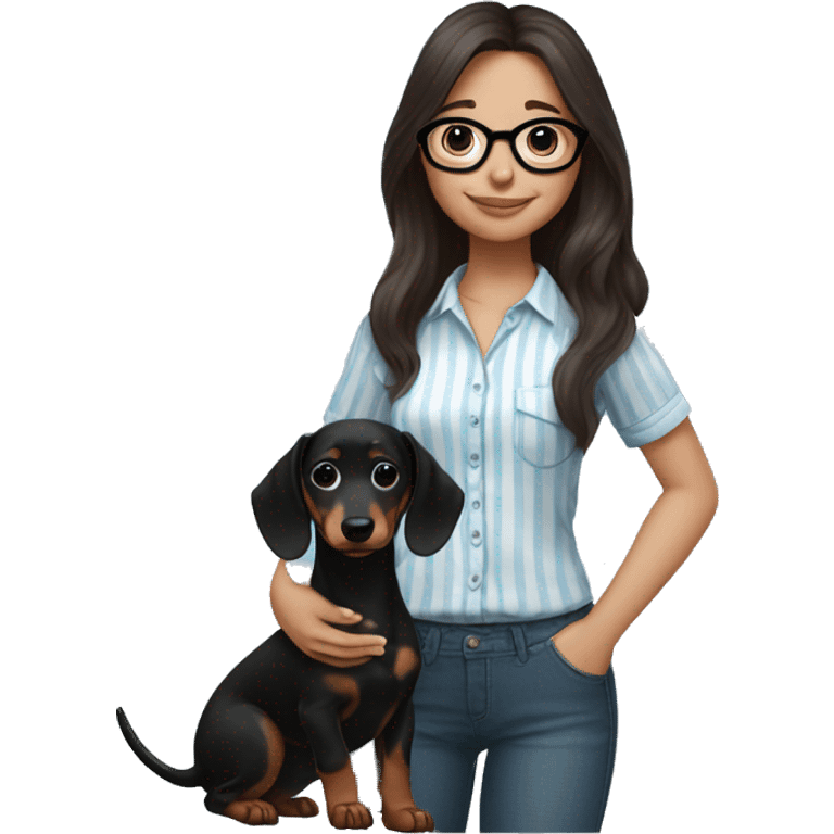 brunette girl with long hair,black glasses a light blue and white shirt with thin vertical stripes, holding a black dachshund puppy in her arms emoji