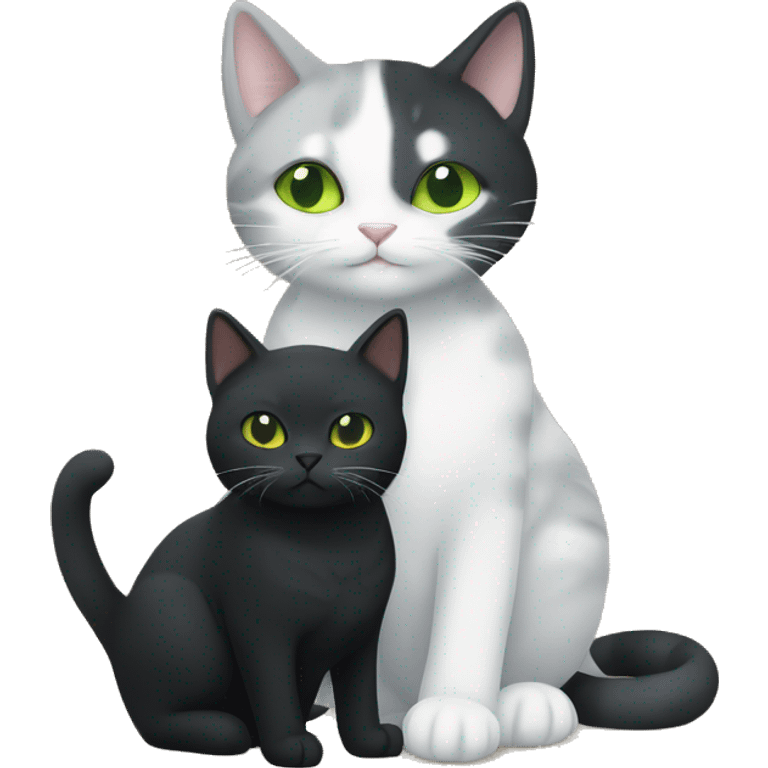 grey and white cat with green eyes, cuddling with an all black cat with yellow eyes emoji