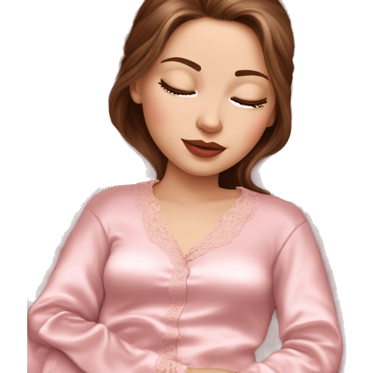 girl with pale skin and silky brown hair in light pink silk lace pajamas sleeping  emoji