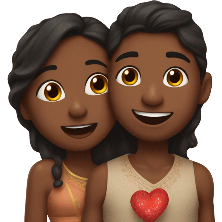 brown skin black girl kissing indian boy on the cheek with hearts around them emoji