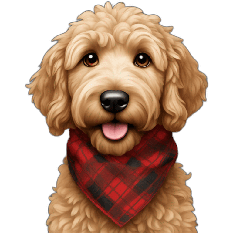 Dark colored golden doodle with a red and black flannel hankerchief emoji