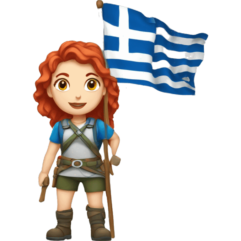 a red hair female mountaineer summitting with greek flag emoji