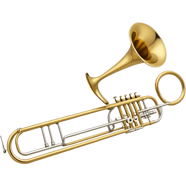 Create an elegant and detailed emoji representing the Bach Bb/F tenor trombone. The design should feature the smooth, shiny brass body of the trombone, showcasing its large, flared bell and curved tubing. Highlight the tuning slide with its polished metal finish, and the mouthpiece should be clearly visible. The trombone’s surface should have a gleaming brass tone with subtle silver accents around the mouthpiece and slide. Add a few musical notes or soundwaves emanating from the bell to emphasize the powerful sound of the trombone. Use golden and brass tones with reflective light effects to enhance the trombone’s professional and high-quality appearance. The background should be transparent. emoji