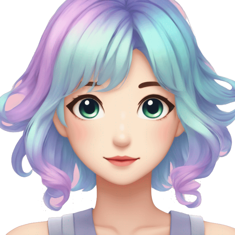 Gorgeous anime style shojo character with blushing face aesthetic and pretty colorful shiny gradient pastel hair with hair garment trending style emoji