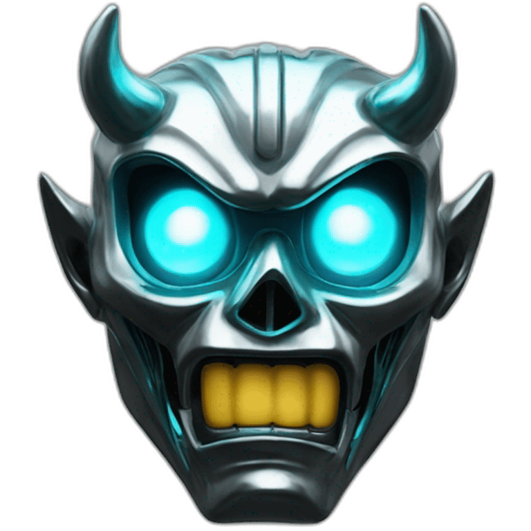 chrome demon with aquamarine lazer eyes and letter B on the face, 3d, portrait, black background emoji