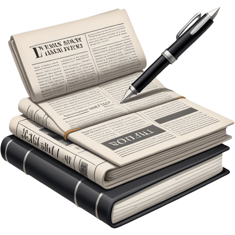 Create an emoji representing journalism and publicistic writing. The design should feature a stack of newspapers, an open notebook with visible text, and a single fountain pen placed near the notebook, symbolizing the act of writing. Use neutral, professional colors like black, white, and muted tones to convey a sense of seriousness and intellect. Do not include any emojis or smiley faces. Make the background transparent. emoji