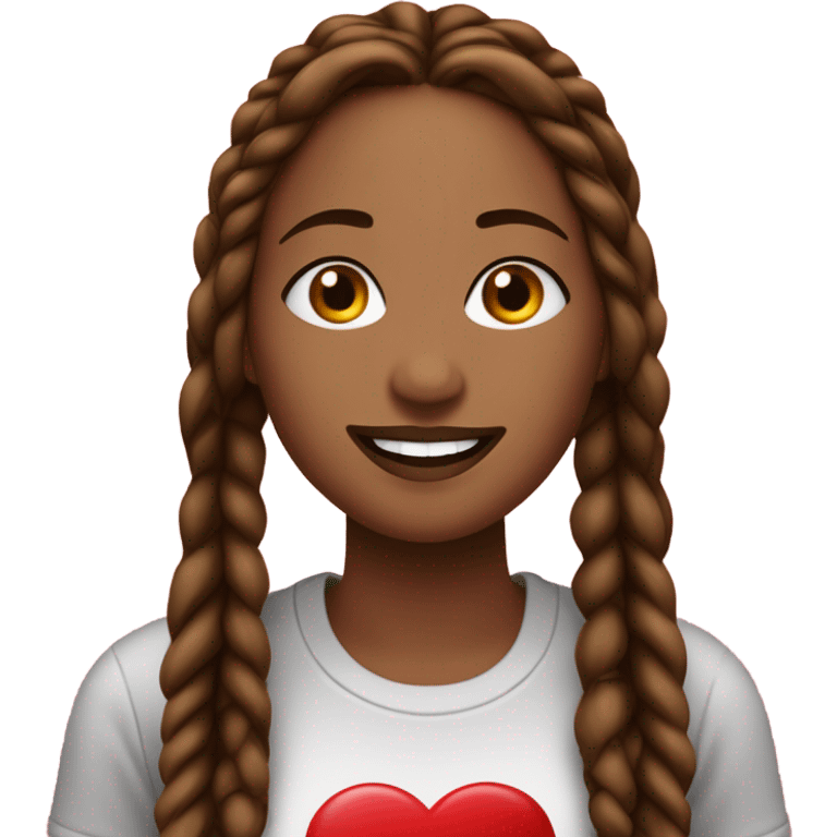 Light brown lady smiling, dark brown very long African braids, bright red lips, eyelashes, wearing red “happy Valentine’s Day” t shirt emoji