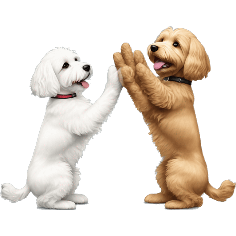 goldendoodle dog and black and white havanese dog giving each other a high five emoji