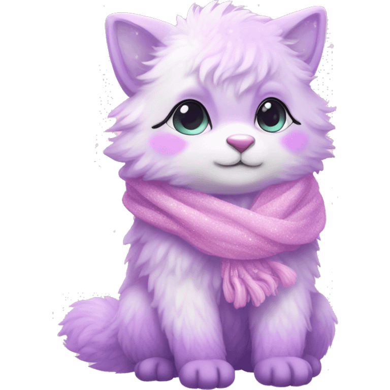 Kawaii cute gorgeous colorful sparkly bright light pastel lilac-pink-white-gradient fantasy ethereal fluffy fursona animal creature with a cute scarf full body emoji