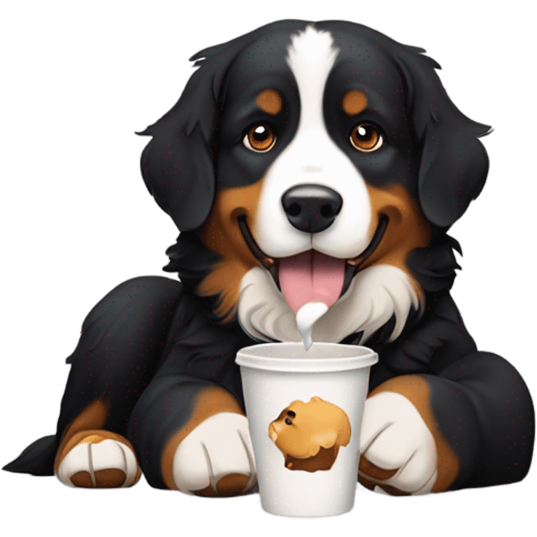 Bernese mountain dog eating a pup cup emoji