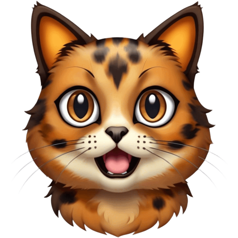 Cinematic Comical Tortoiseshell Cat Portrait Emoji, Head cocked dramatically with an over-the-top shocked expression, featuring a rich mottled fur of browns and blacks and wide, comically animated eyes full of playful disbelief, simplified yet hilariously detailed, glowing with a bold, sassy radiance, high shine, exuding a mischievous and spirited charm, styled with a soft glowing outline, capturing the essence of a tortoiseshell cat that appears ready to burst into comical antics! emoji