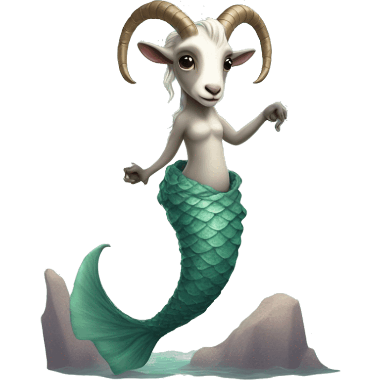 Goat attached to a long wrapped up mermaid fish tail, creature mythology, watery earthy tones emoji