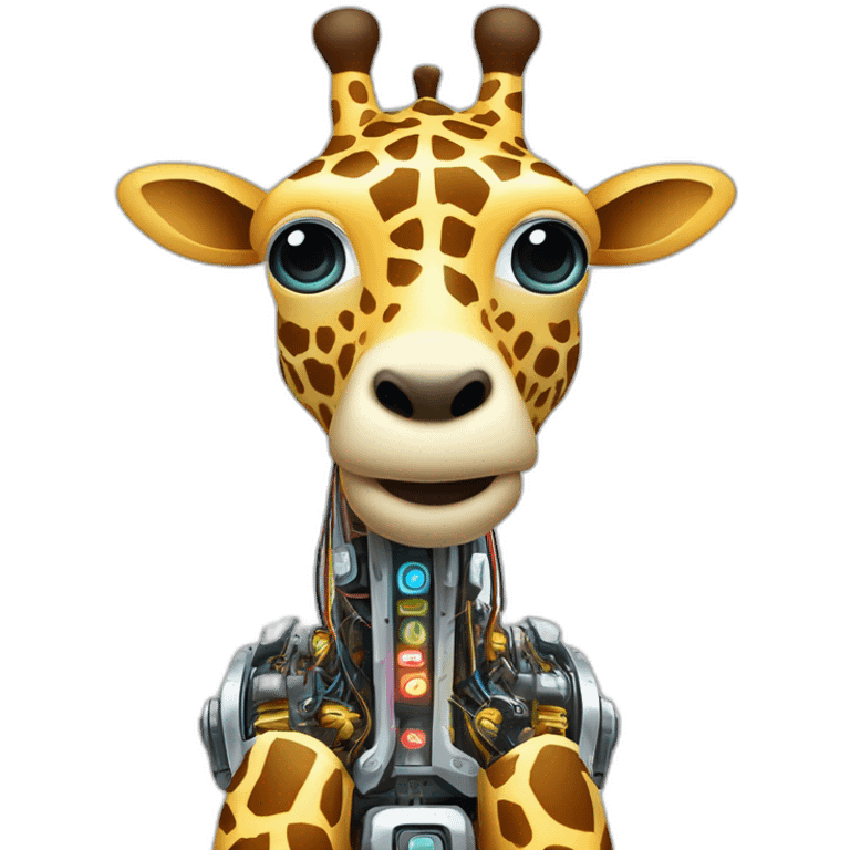 Una girafa robotica con patrones de circuitos brillantes en su piel, piernas con juntas móviles y piezas de metal relucientes emoji