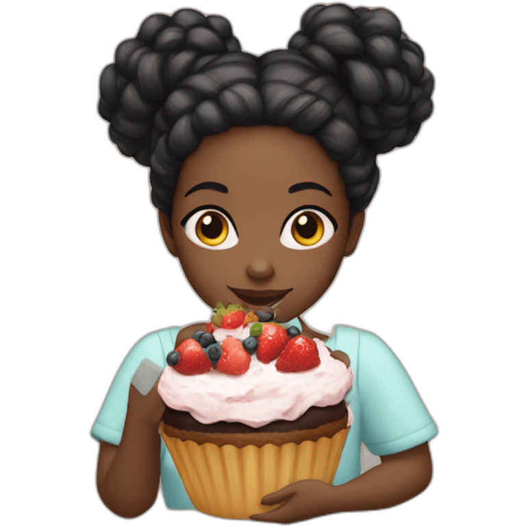 A black girl, black hair in a bun, eat cake separate fruits emoji