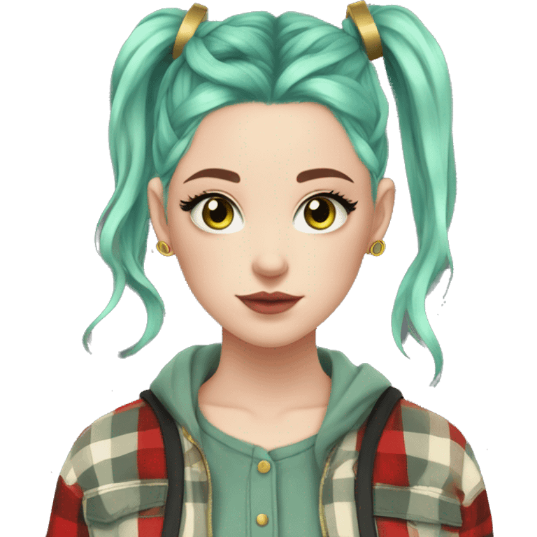  Pale girl, blue eyes, green hair, space buns hairstyle, wearing a red flannel, gold hoop earrings, thick wing eyeliner emoji