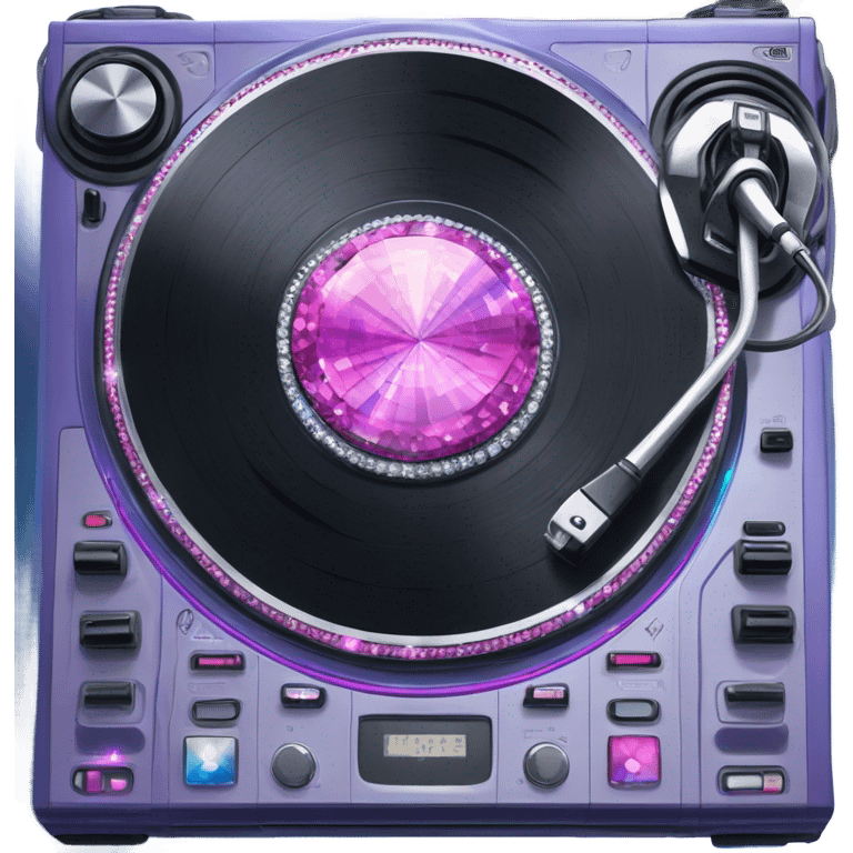 Realistic DJ turntable setup with pink,blue,and purple sparkling diamonds and rhinestones on it. emoji