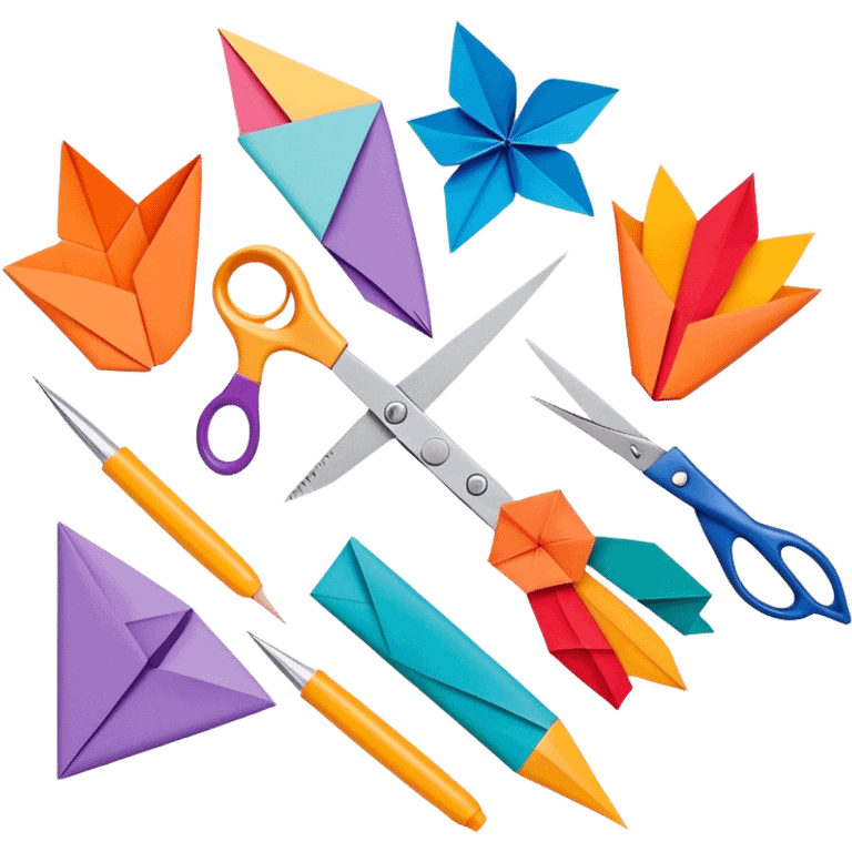 Paper crafting icon, various paper crafts like origami, paper flowers, and scrapbooking materials, visible tools such as scissors, glue stick, and paper sheets, colorful paper patterns, minimalistic style, clean lines, transparent background. emoji