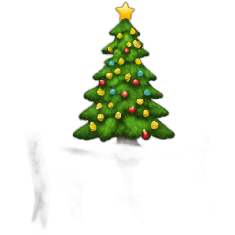 Christmas tree above a table, hanging with its top to the left and bottom to the right emoji